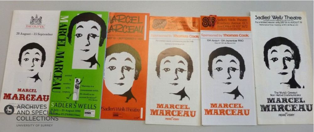 Publicity materials for Marcel Marceau performances held in the Archives at Surrey