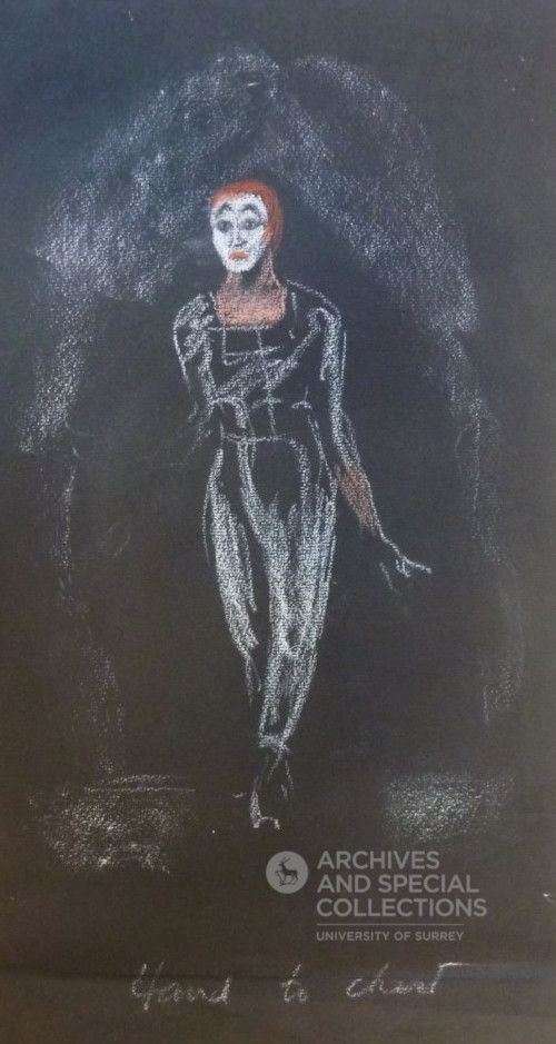 Drawing by Eilean Pearcey of Marcel Marceau, annotated ‘Hand to chest’