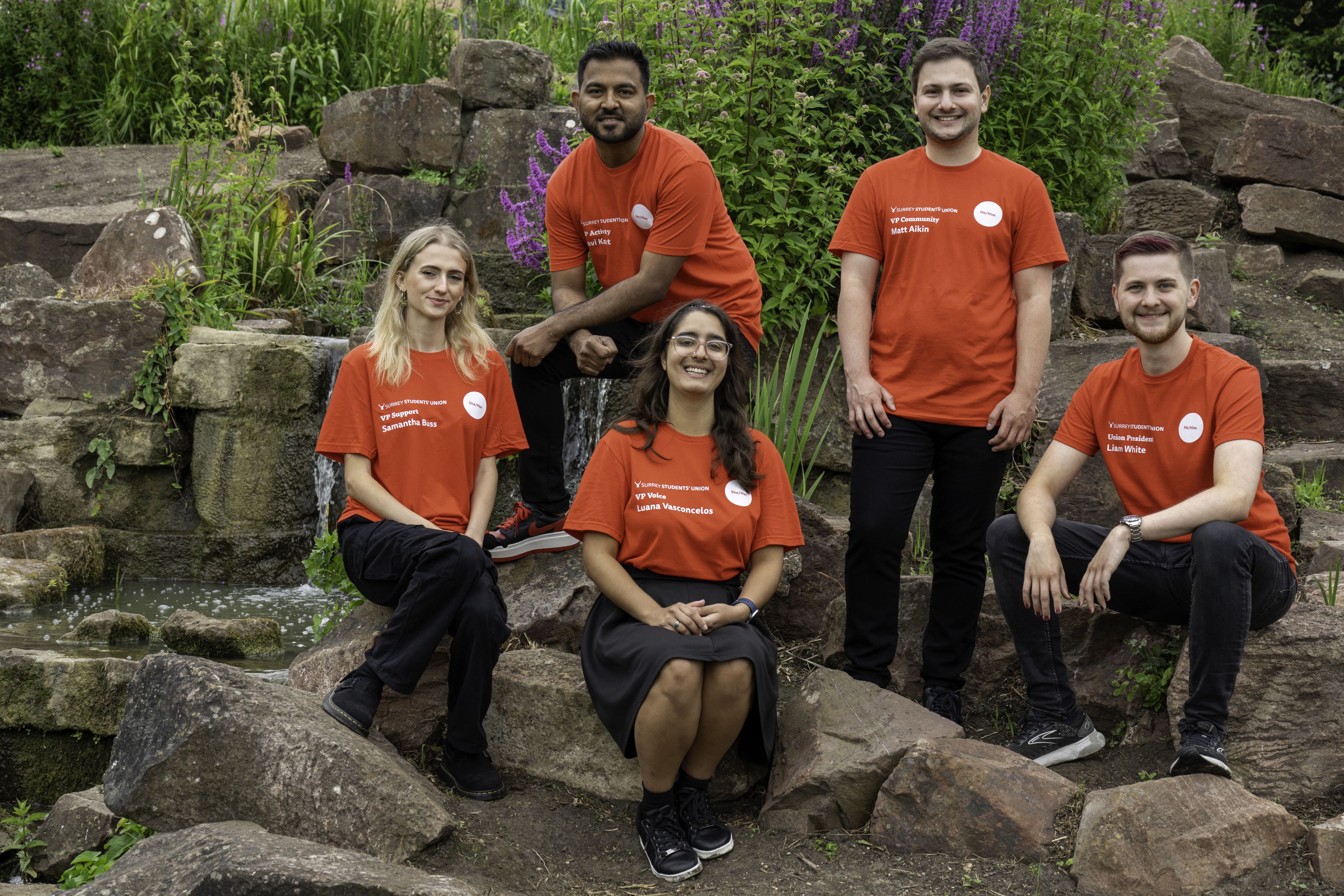 Students Union sabbatical team 2024/5 - Sam Buss, Matt Aikin, Liam Payne, Luana Vasconcelos, Ravi Kant