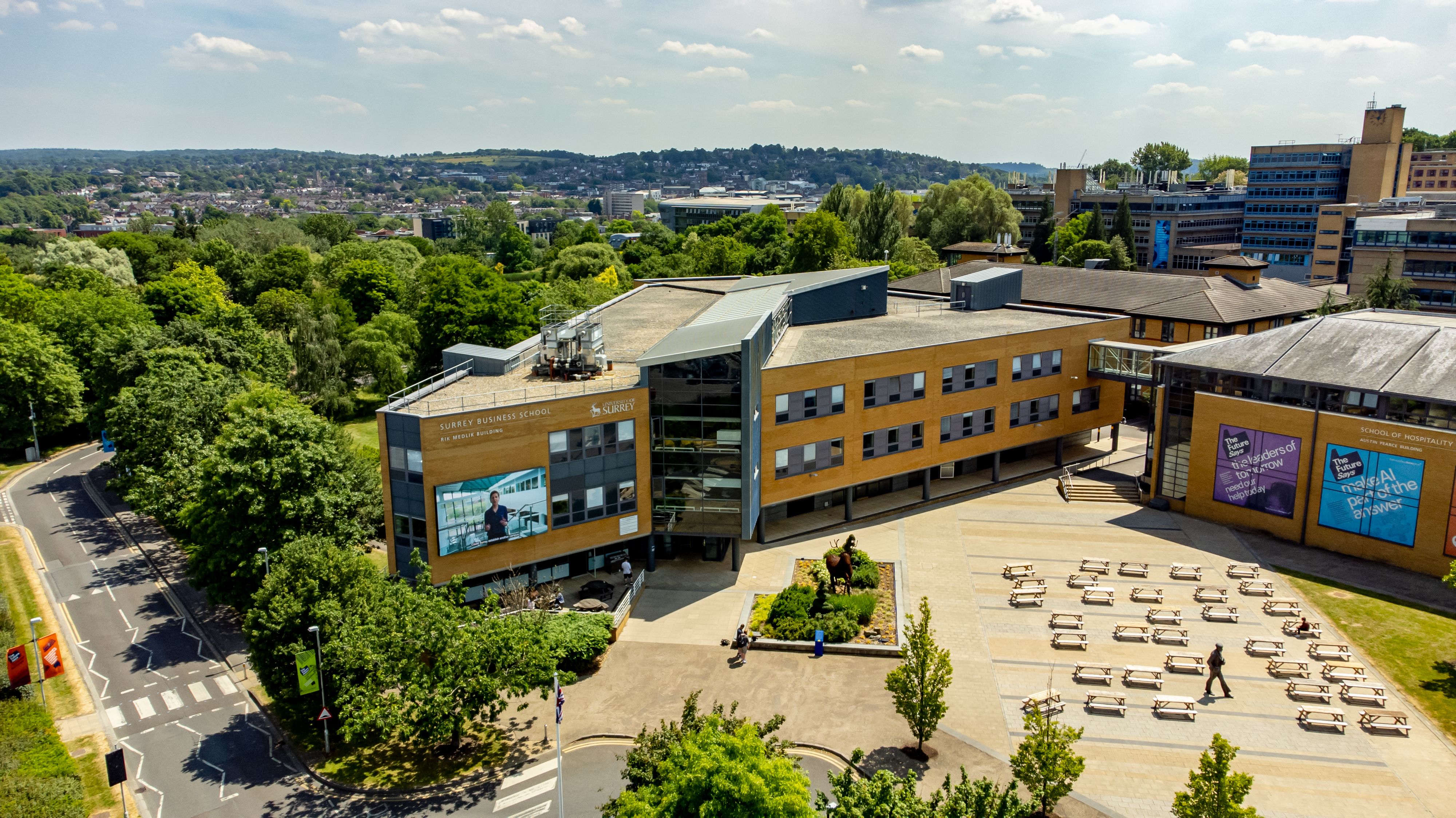 Aerial view of Austin Pearce piazza, Stag Hill campus