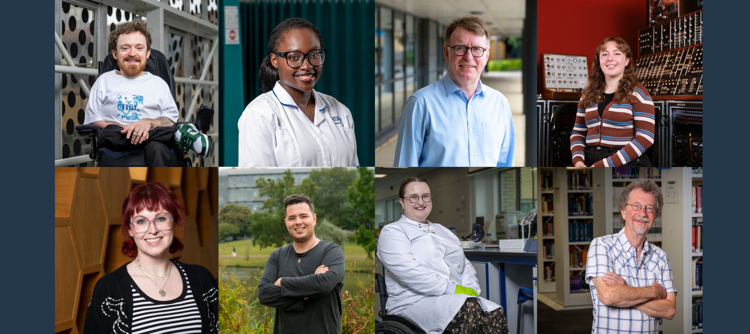 Eight portraits of Surrey staff and students (Clockwise from top left): Theo Donnelly, Jaden Ogunlade, Prof Bob Nichol, Natasha Winge, Martyn Sandford, Abi Hayes, Huw Samuel, Emily Boucher