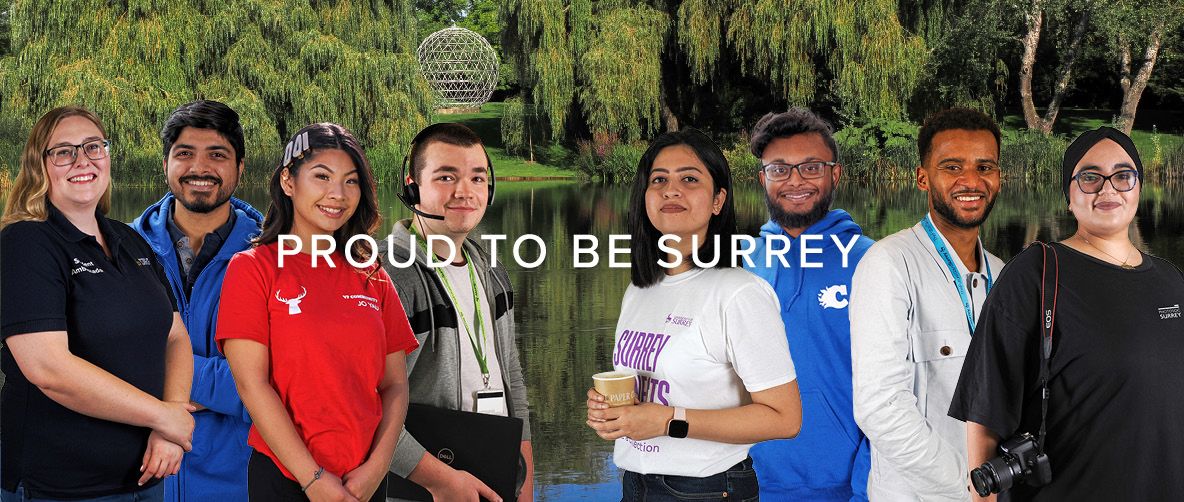 Proud to be Surrey banner displaying eight Surrey students