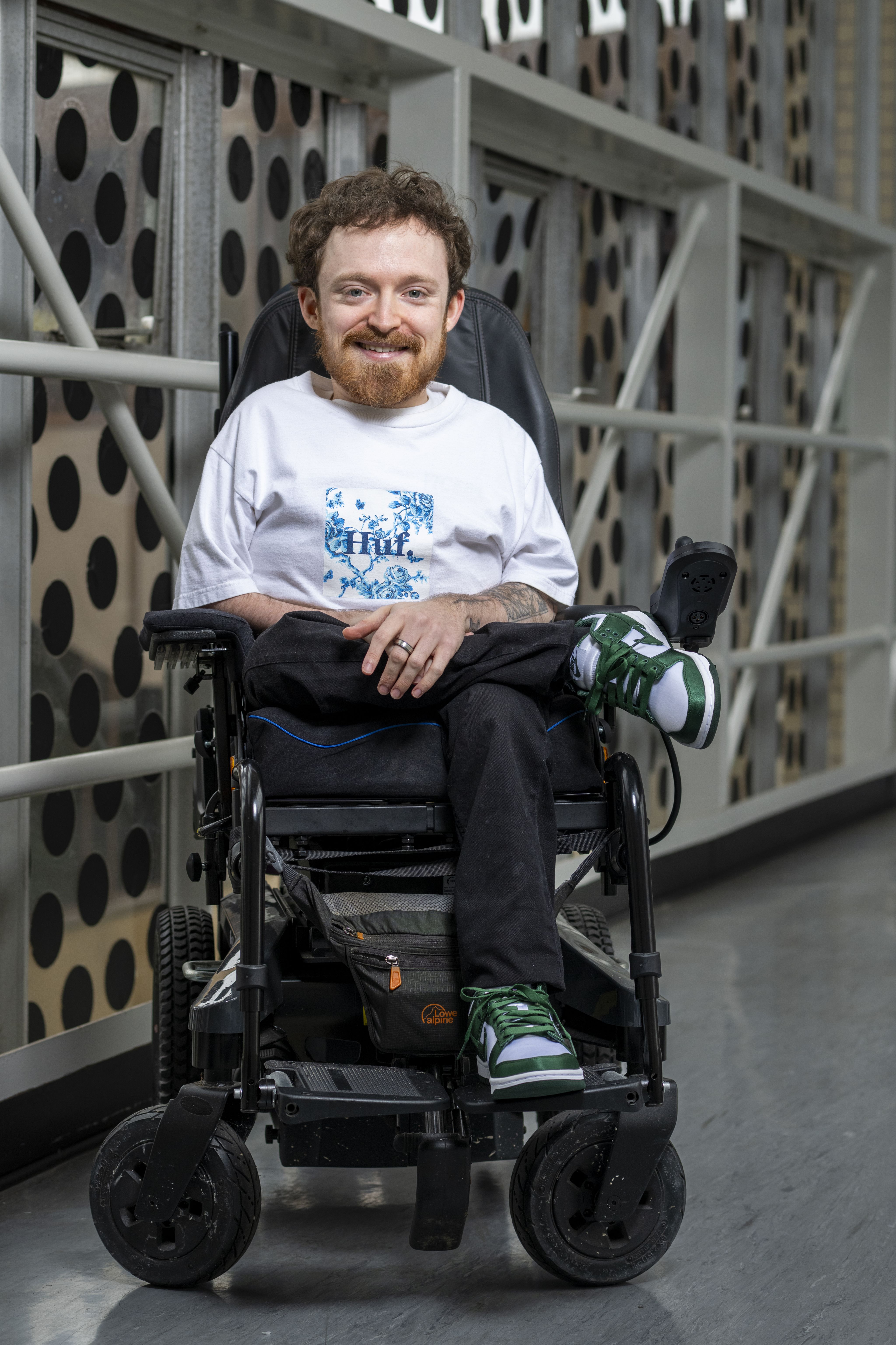 Theo Donnelly on the bridge by Elizabeth Fry Building