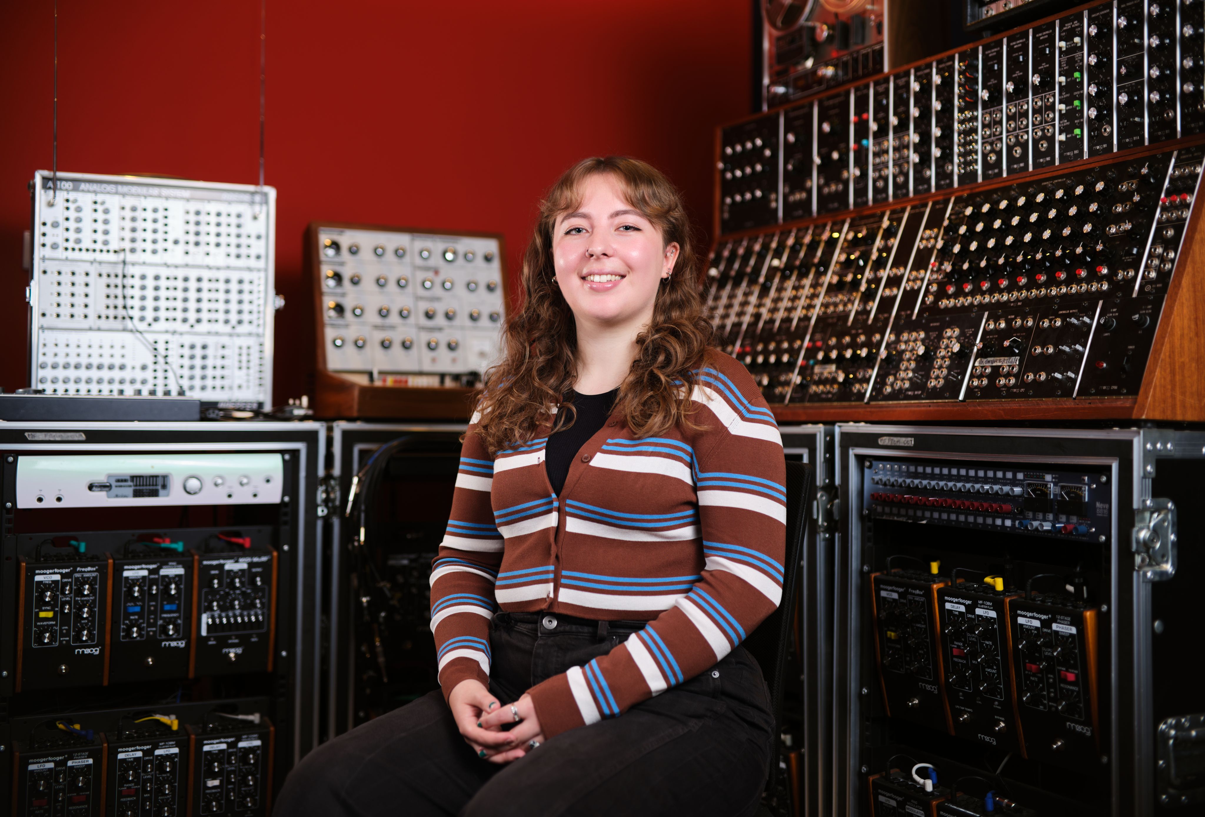 Natasha Winge in the synth lab in Surrey's Performing Arts and Technology Studio