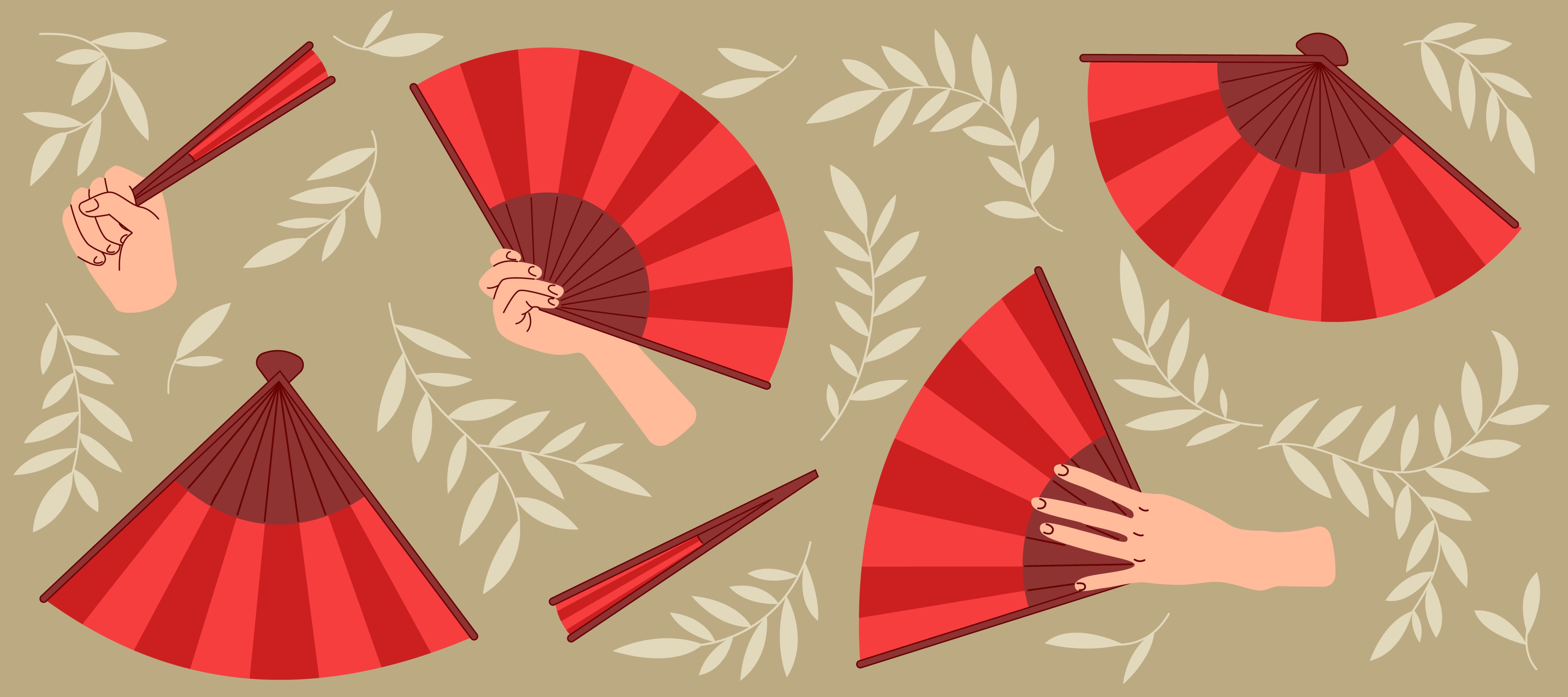 Illustration of hands holding fans 