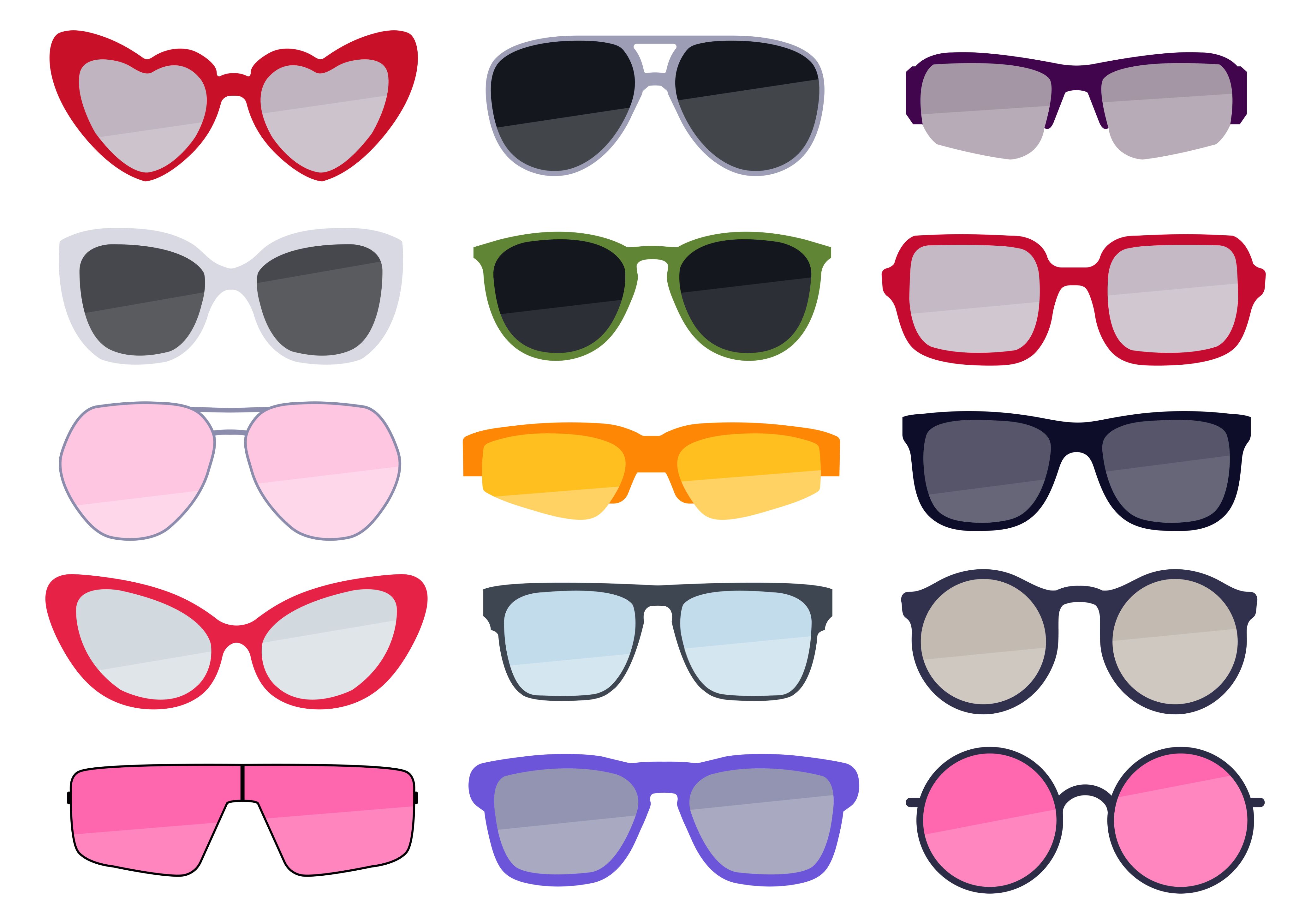 Graphic of lots of sunglasses in different shapes and colours