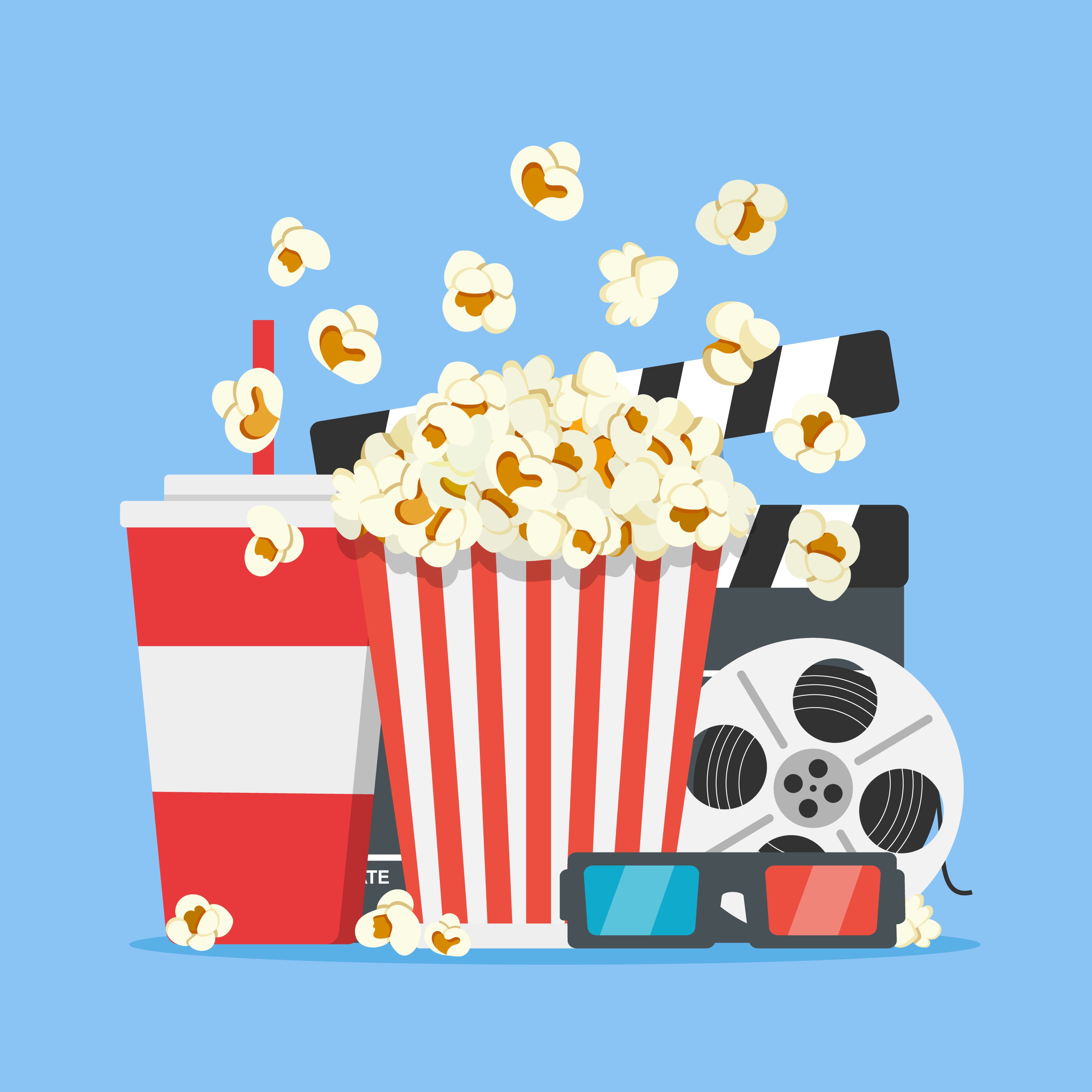 Illustration of popcorn, a fizzy drink, 3D glasses and a film reel