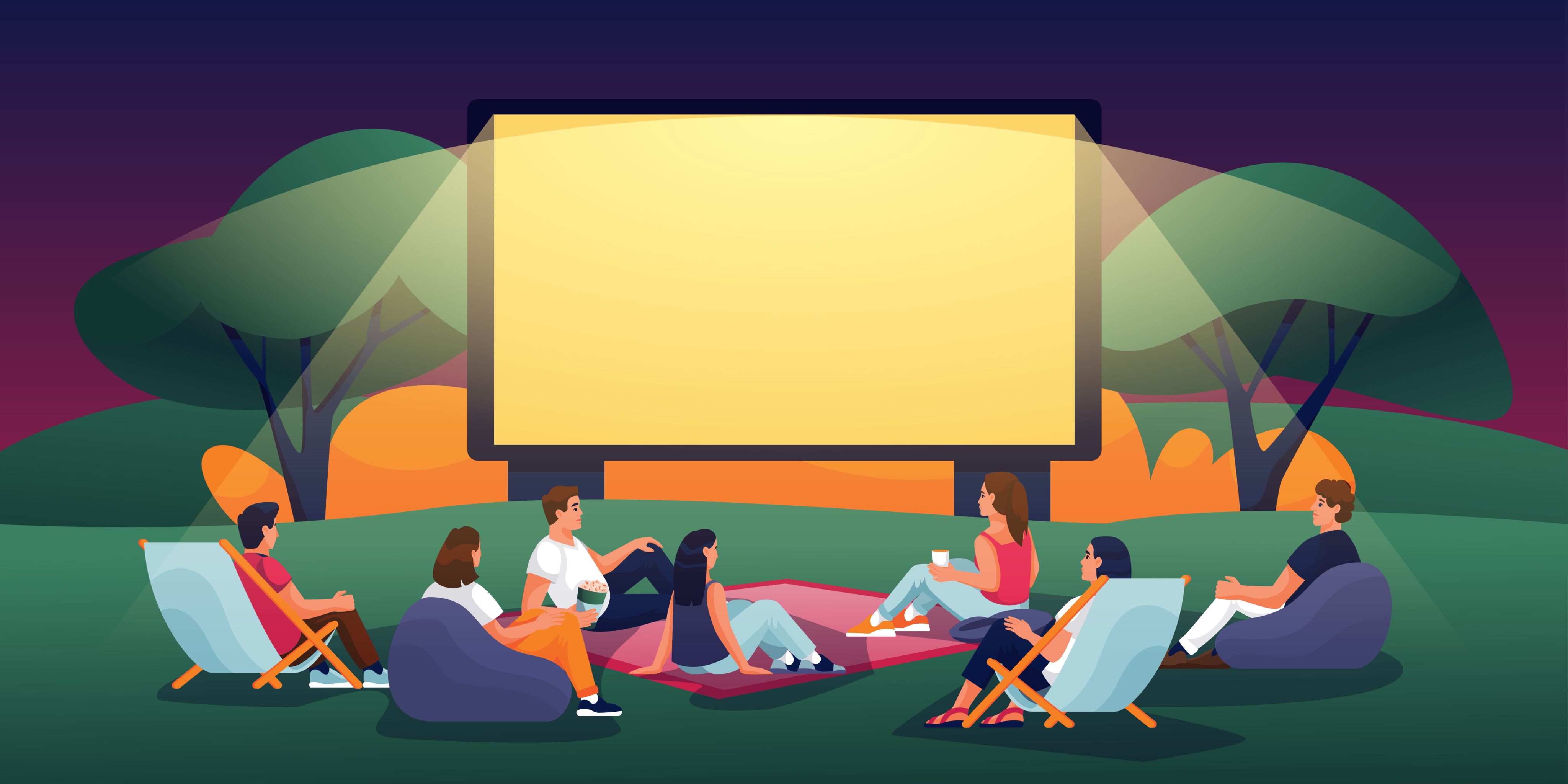 \illustration of students sat around an outdoor cinema screen
