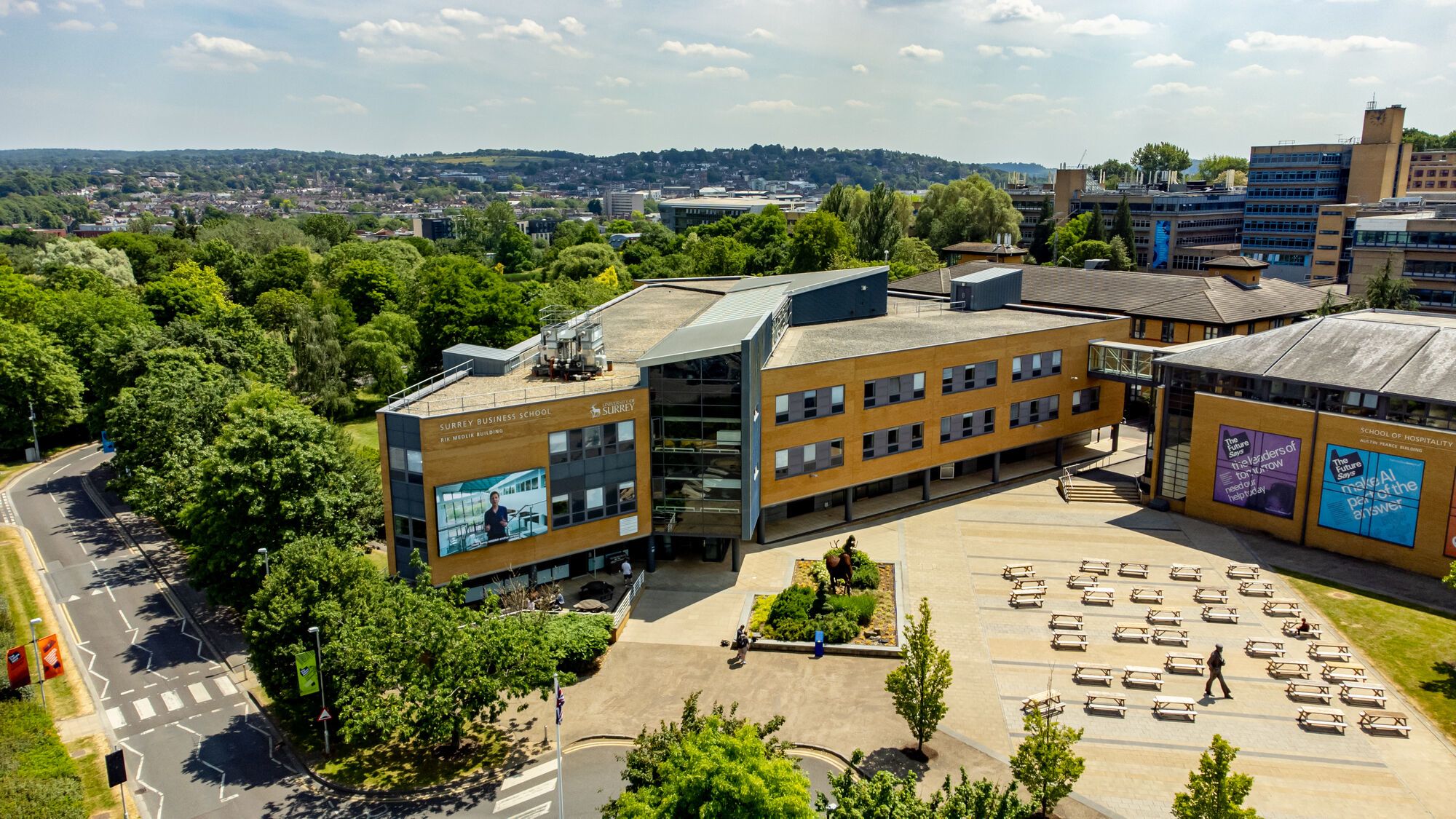 A view of the Rik Medlik Building, the Alan Turin statue / sculpture and part of the Austin Pearce Building. 2023