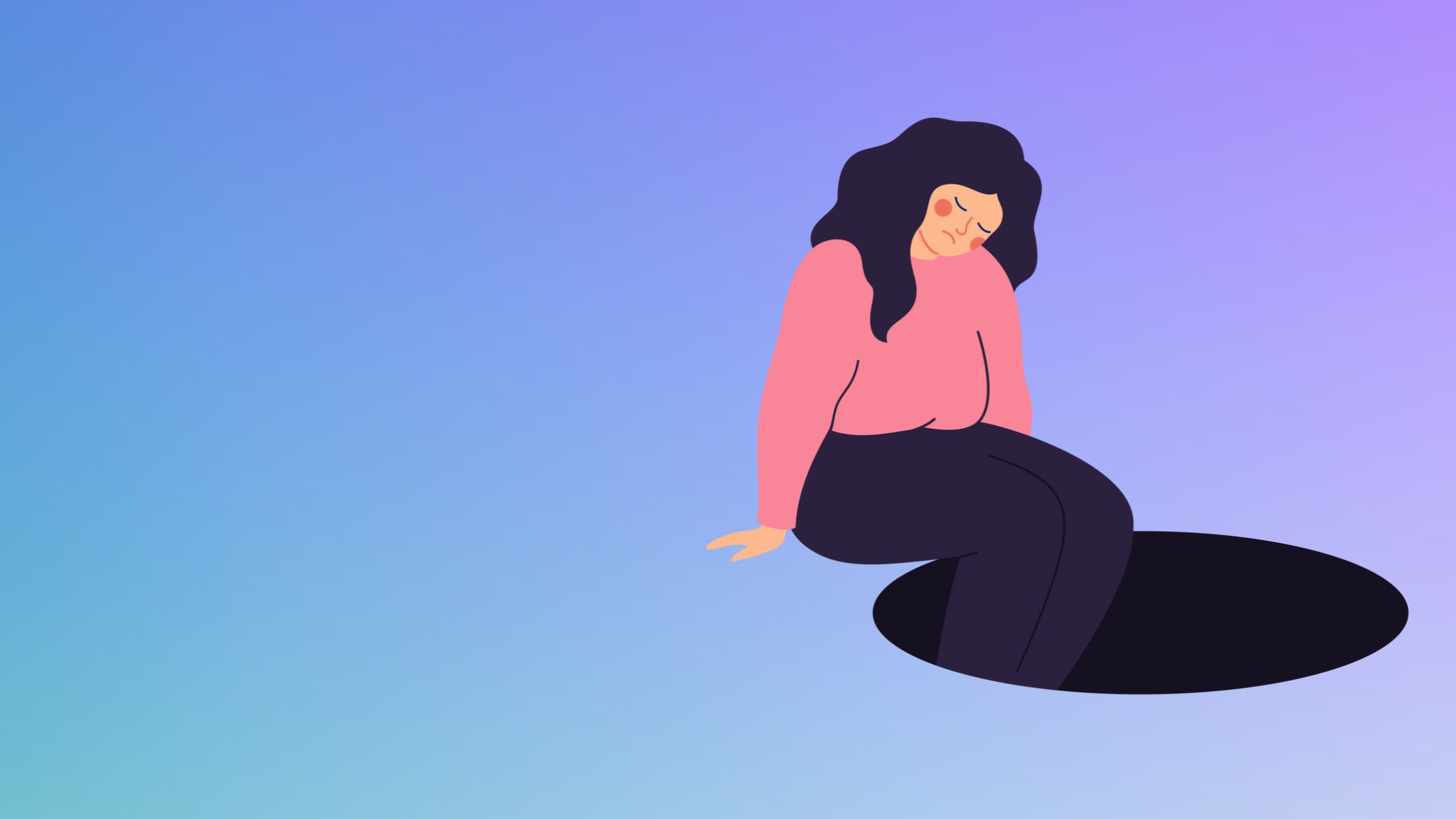 Graphic of a person with long hair sat on the edge of a black hole