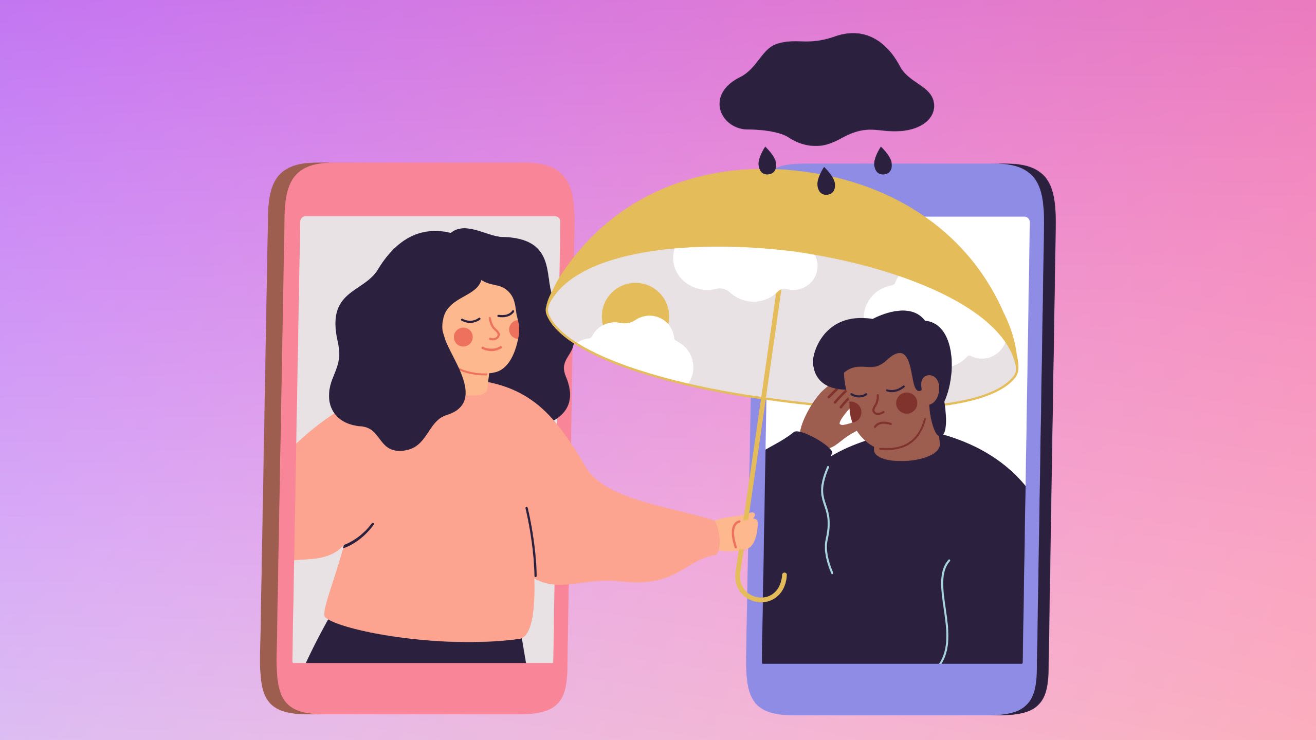 Graphic of one person holding an umbrella over a second person who has a raincloud over their head