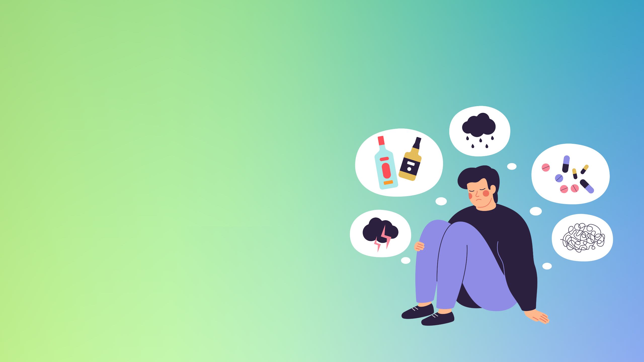 A graphic of a student sat on the ground surrounded by thought bubbles containing images of alcohol, drugs and a thundercloud