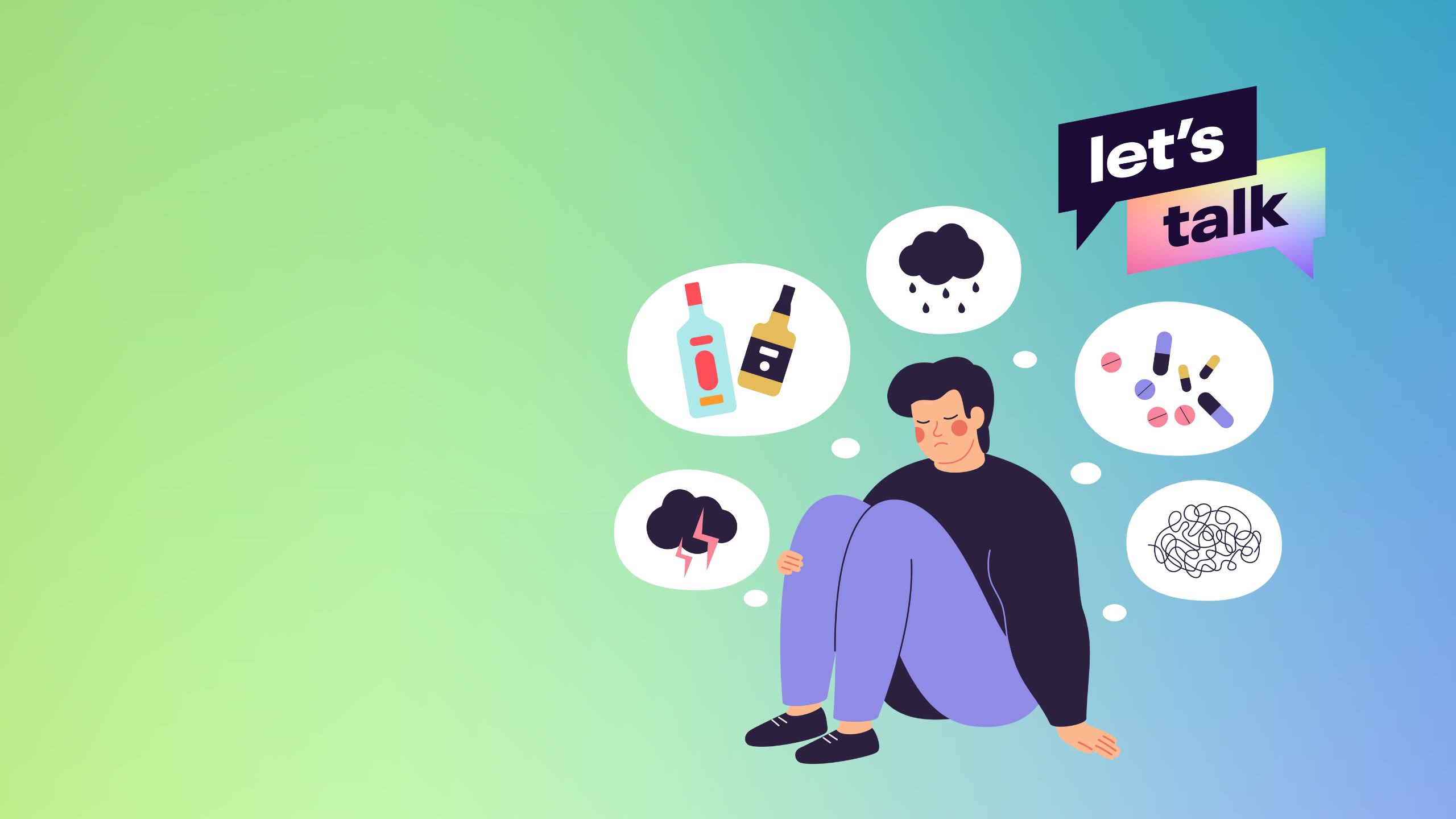 A graphic of a male student surrounded by thought bubbles of alcohol, drugs and thundercloud