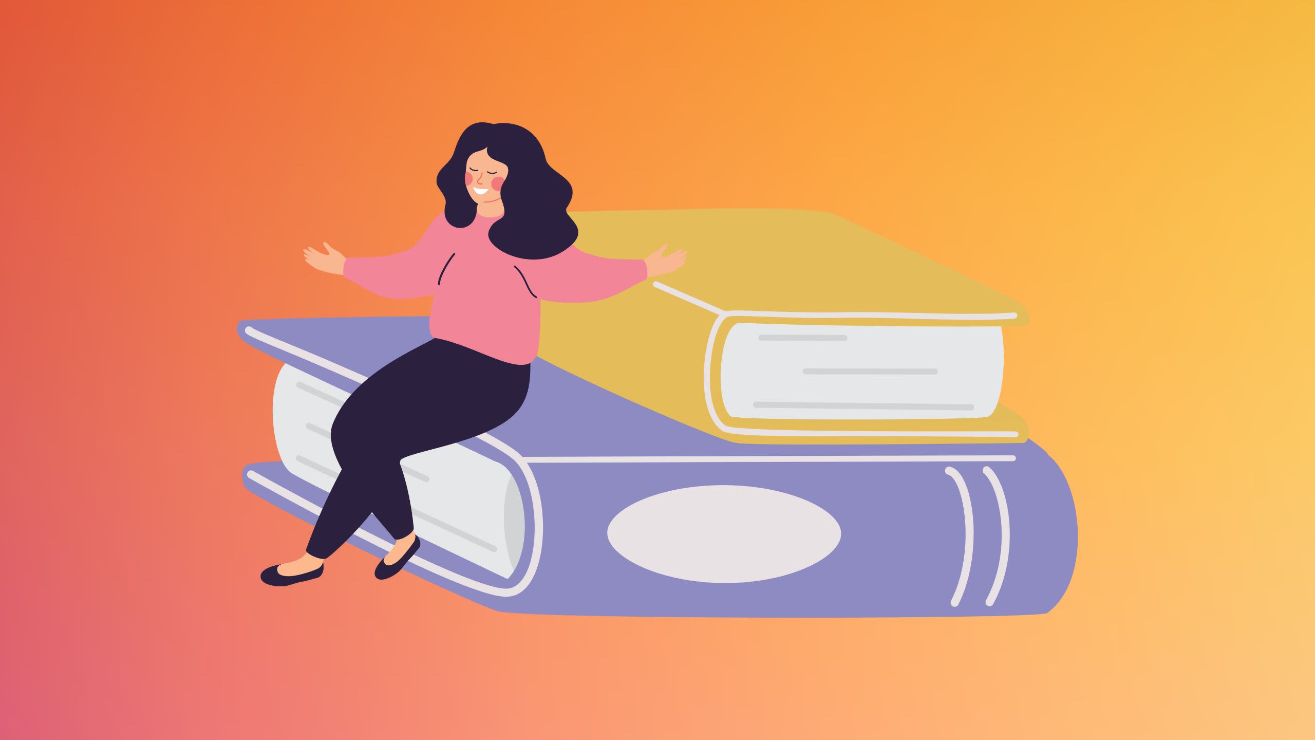 A graphic depicting a female student sat on a pile of oversized books