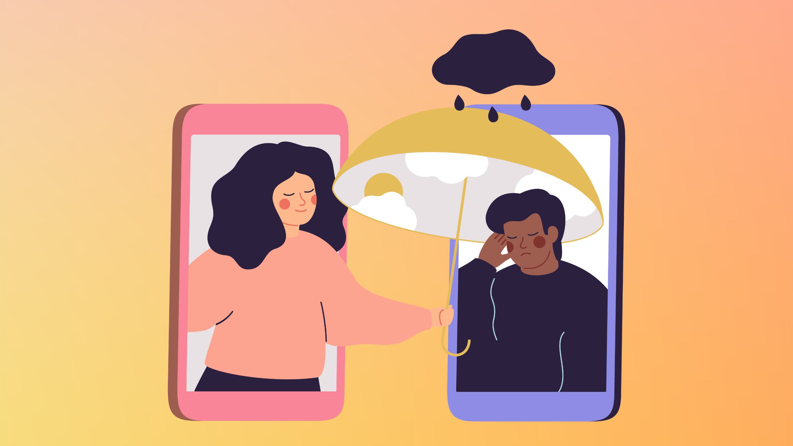 A graphic showing a female student holding out an umbrella to another student under a raincloud
