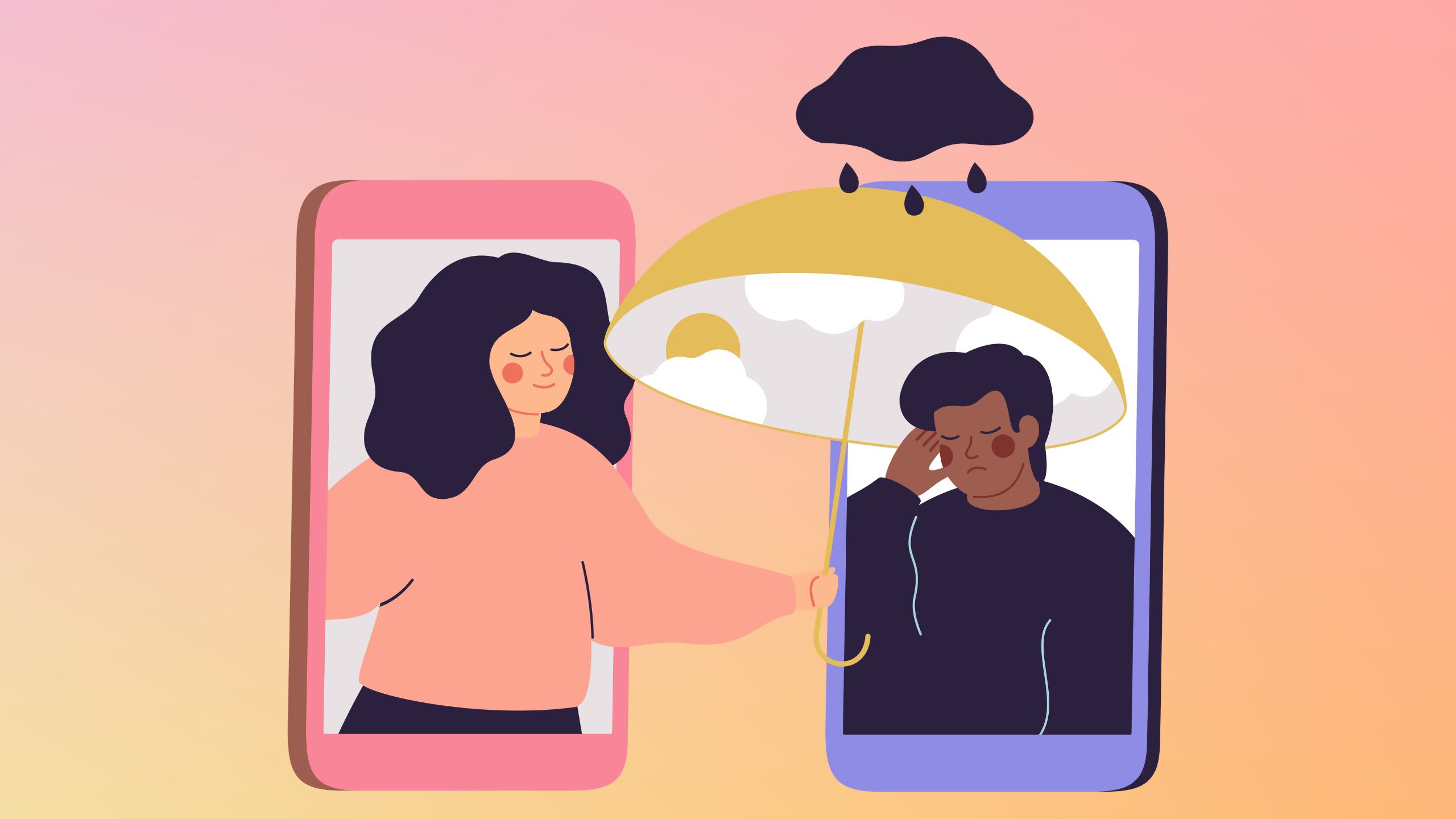 A graphic of one person holding out an umbrella for a second person who is sad