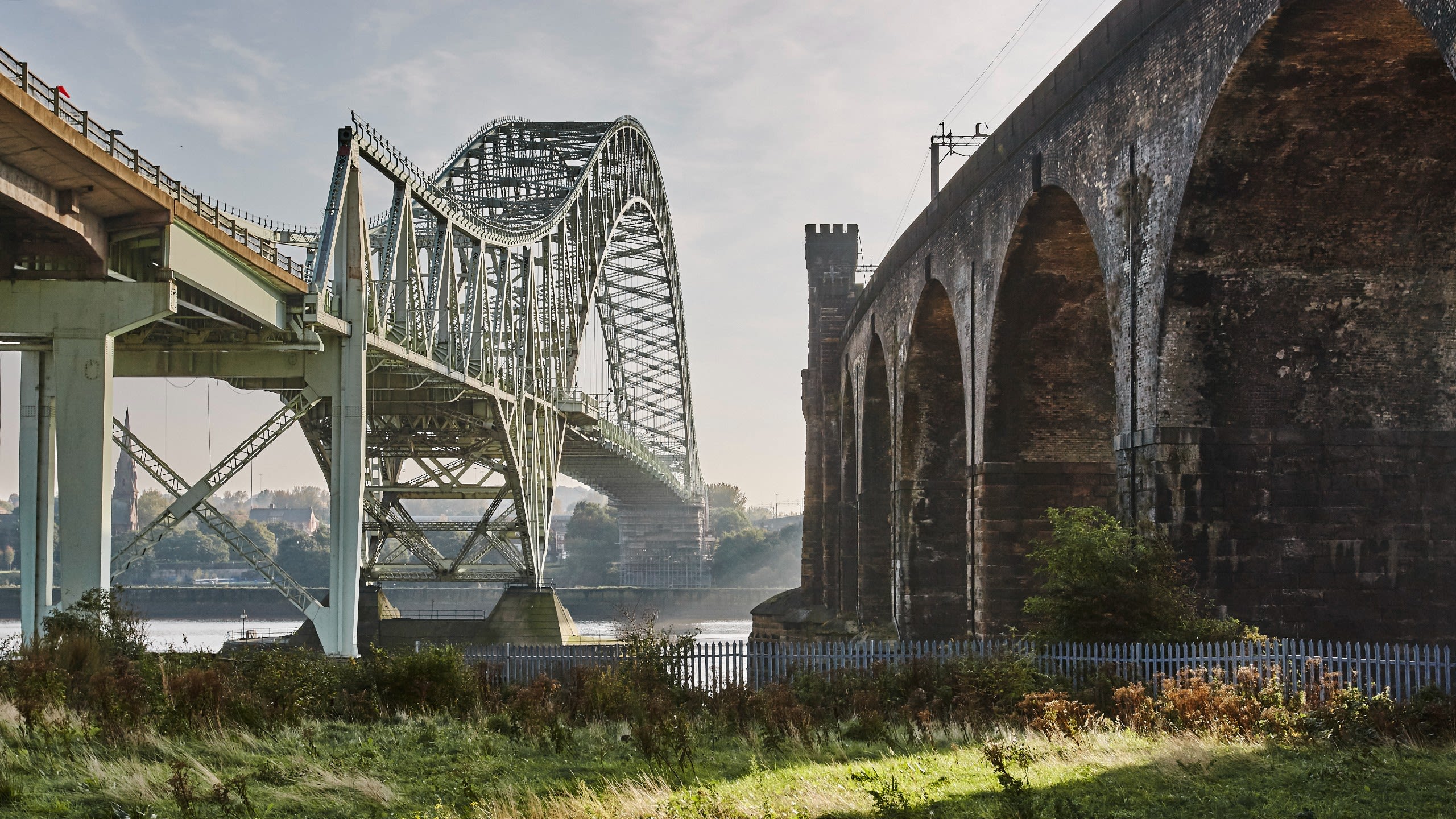 Silver Jubilee Bridge and Runcorn Railway Bridge, Runcorn, Cheshire, England