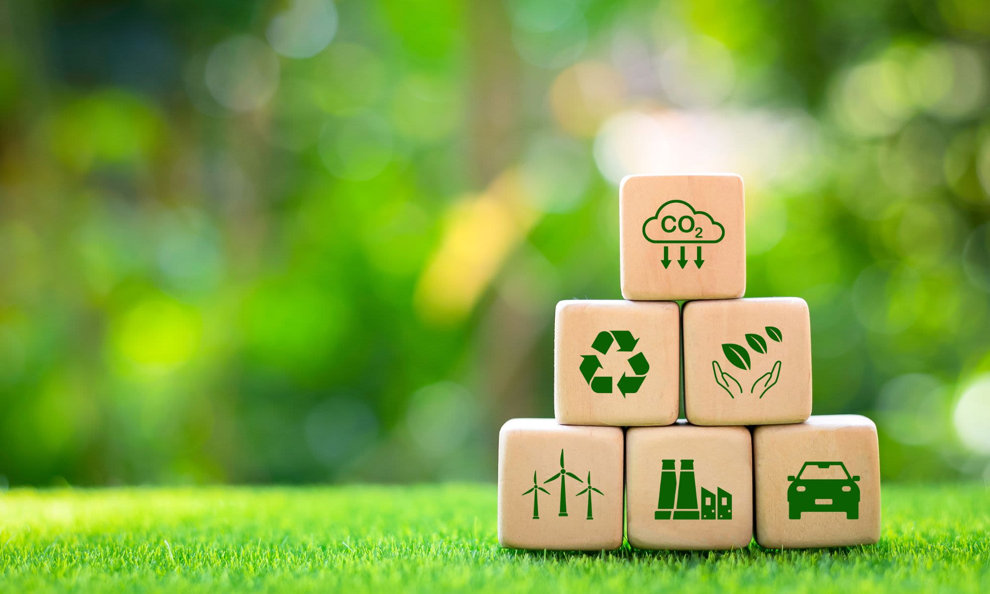 Wooden blocks with green environmental symbols are stacked on a lawn