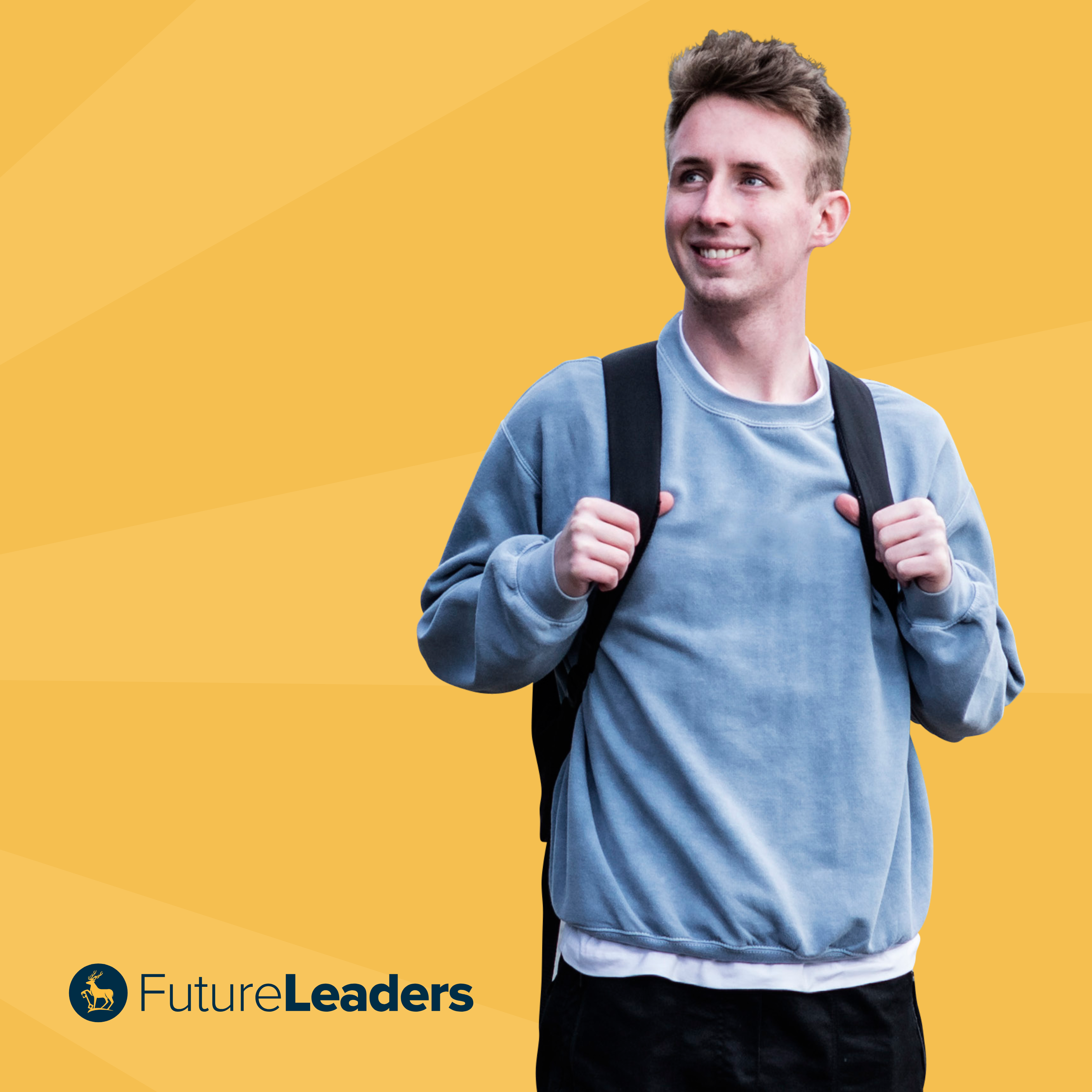 Student with backpack and Future Leaders logo 
