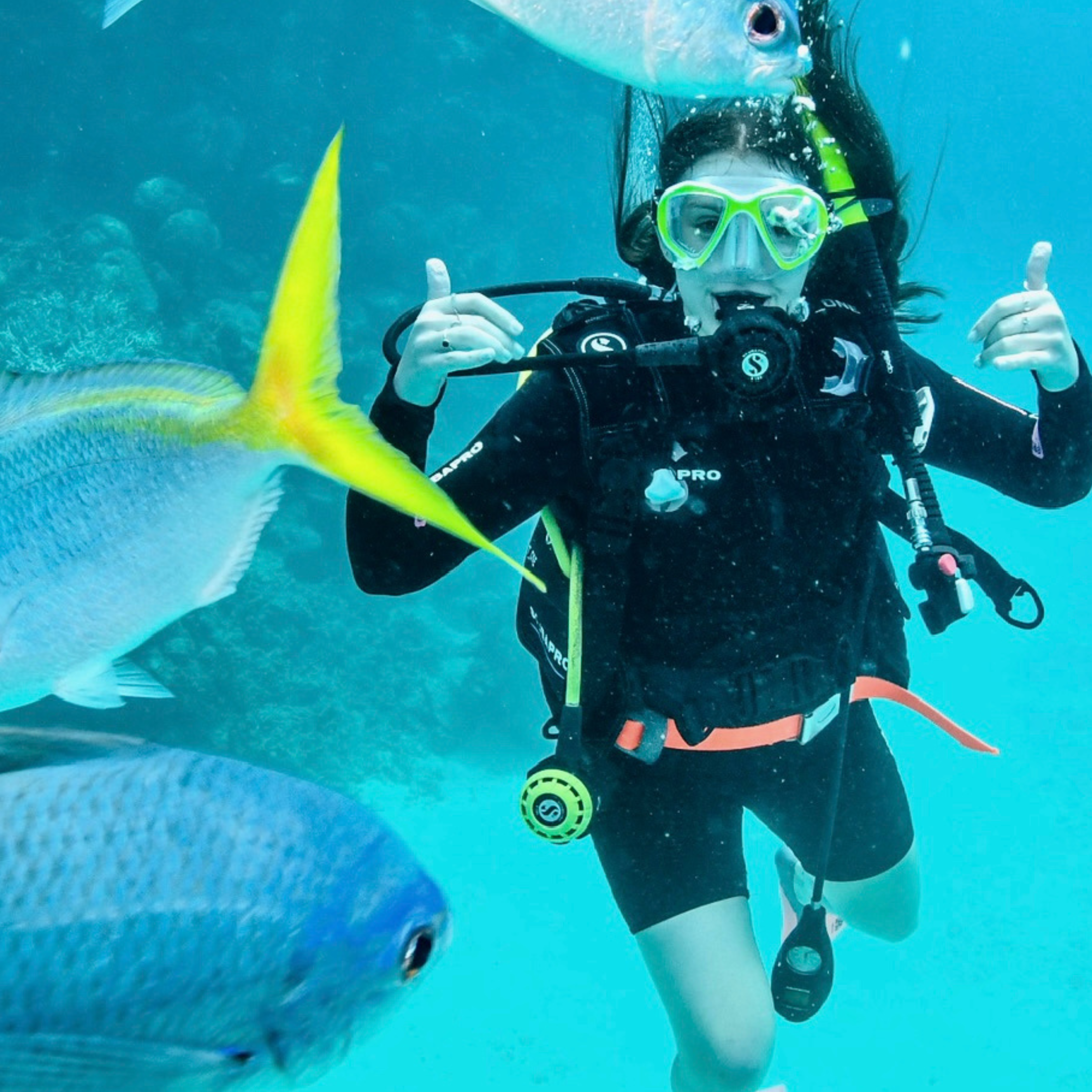 Woman snorkeling with fish and giving a thumbs up 