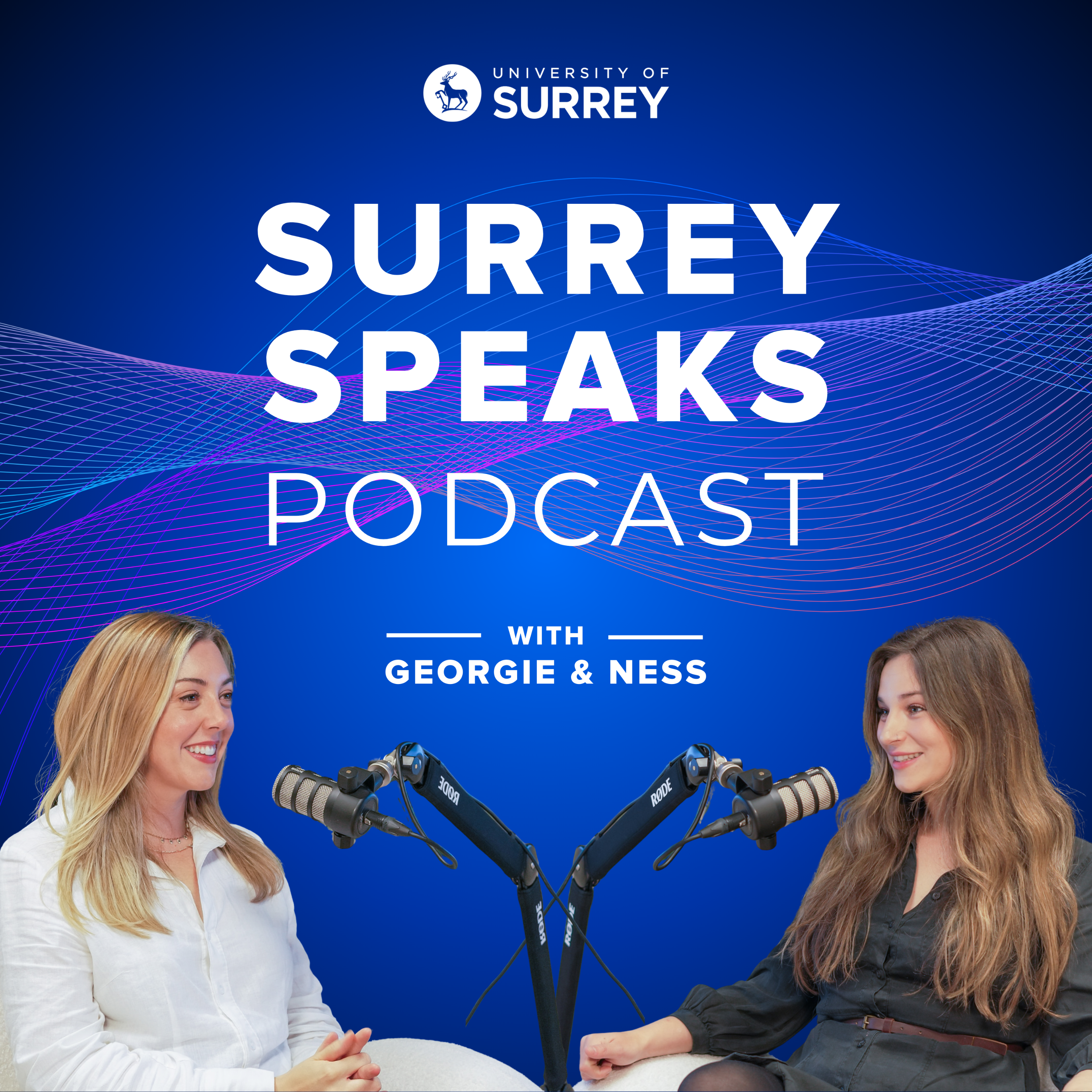 Surrey Speaks logo, Georgie and Ness sat with microphones