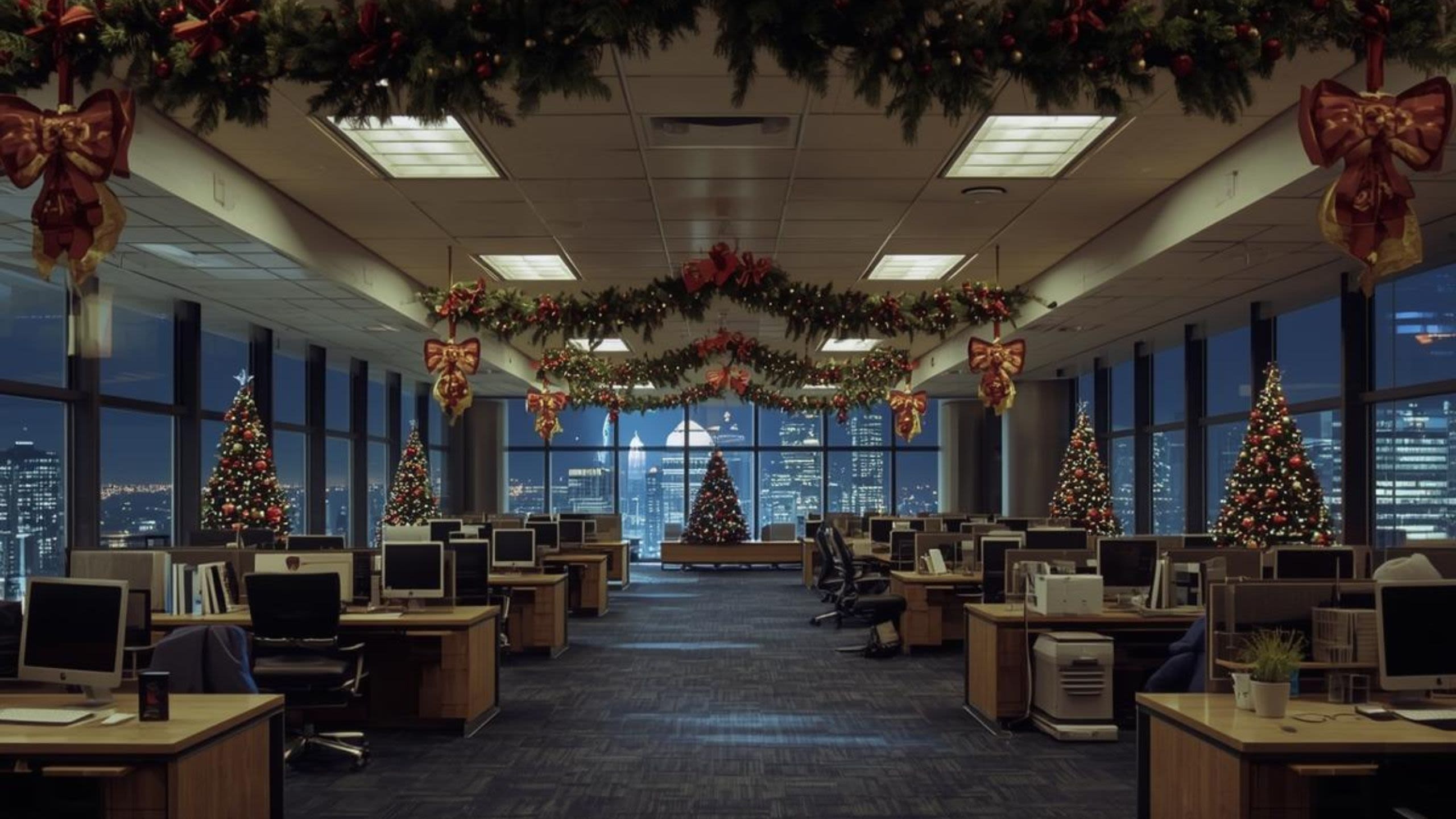 An office in a skyscraper decorated for Christmas
