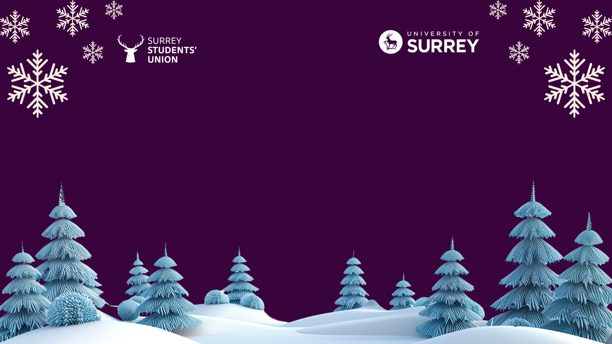 Winterfest branded backdrop of purple sky with snowflakes and snow-covered trees